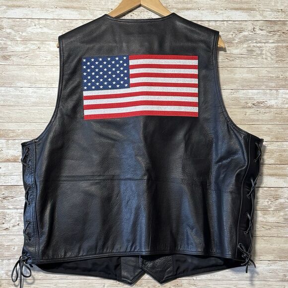 Excelled Mens 48 Big Leather Biker Vest Braided Trim Snap Front Patches Flag - Picture 1 of 12